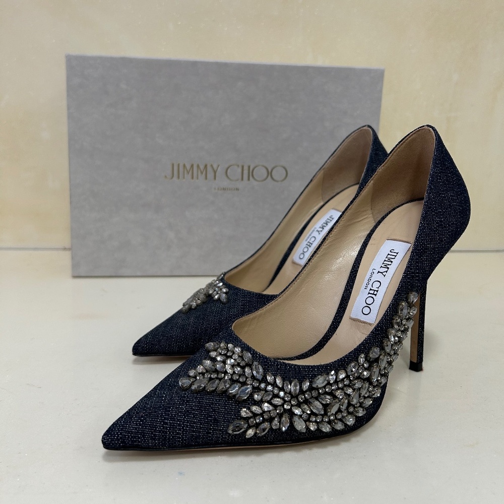 Jimmy Choo Love Denim Crystal 100 Pumps 38.5